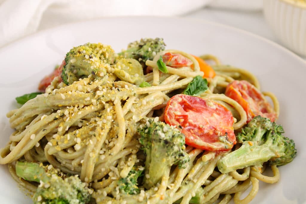 Vegan Broccoli Avocado Pasta with Tomatoes - Plant Based Jess